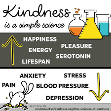 Kindness is a simple science Arrow pointing up with Happiness, energy, lifespace, pleasure and serotonin above Arrow pointing down with anxiety, pain, stress, blood pressure and depression