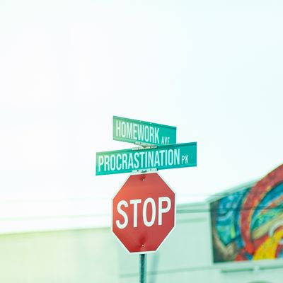 Stop sign at intersection of Homework Avenue and Procrastination Park