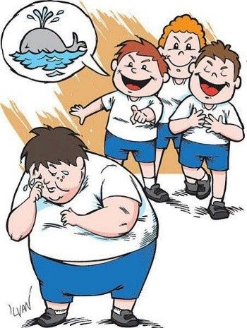 Cartoon depicting three boys taunting a larger boy by calling him a whale