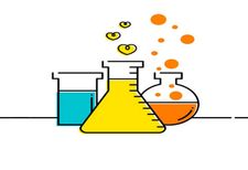 Cartoon of beakers from a chemistry lab filled with blue, yellow and orange liquids